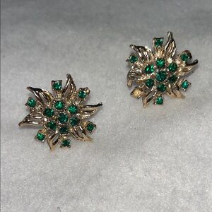 Vintage  Elegant Goldtone and Emerald Green Floral Earrings